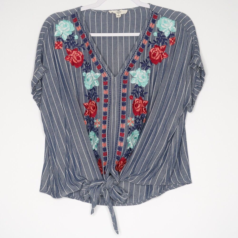 Entro Blue Stripe Floral Embroidered Top Size Small Tie Knot
